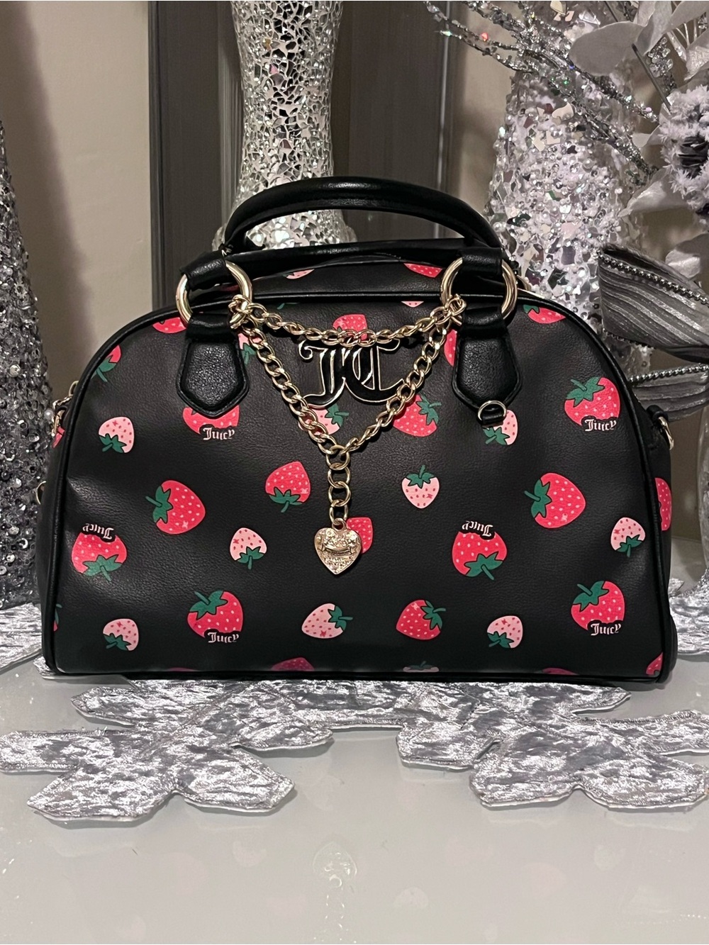 Juicy Couture Black Strawberry Print Dome Satchel with Gold Chain Charm